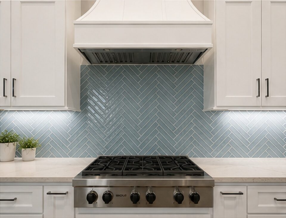 blue herringbone backsplash range