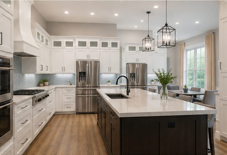 dark wood island open layout