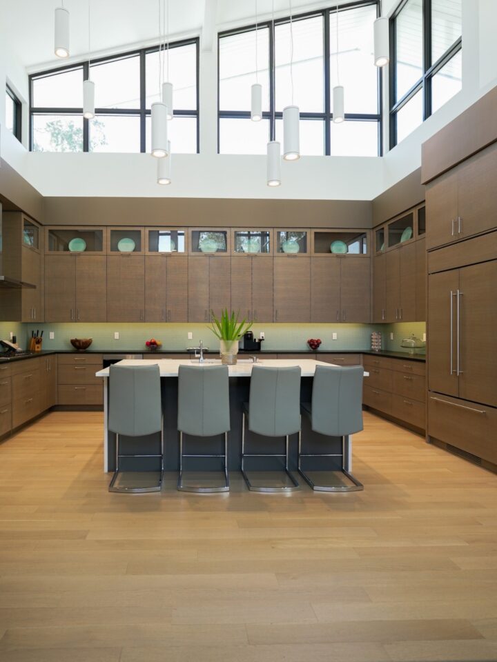 modern walnut kitchen island wide view