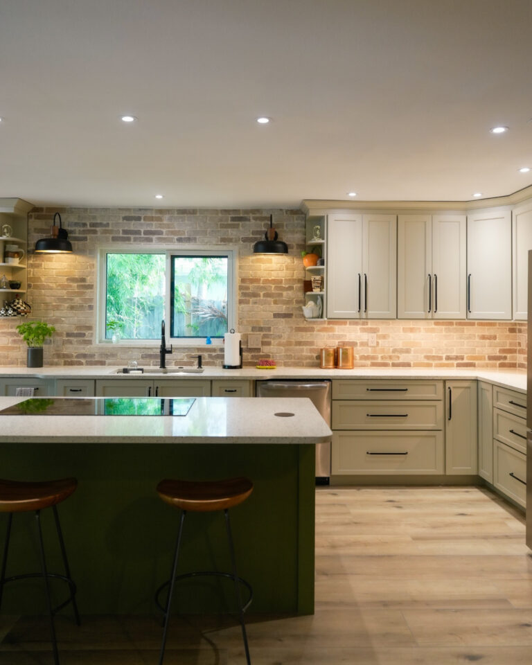 olive island brick backsplash kitchen